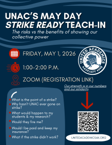 UNAC May Day Strike Ready Teach-In Friday May 1 2026 from 1-2 pm on Zoom. QR code to registration link. Learn about types of strikes, the process of getting to a strike, and what happens when people go on strike.