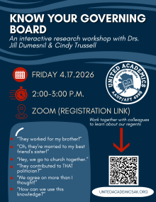 Friday April 17 from 2-3 p.m. on Zoom. QR code to Zoom registration link. Work together with colleauges to learn about our regents.