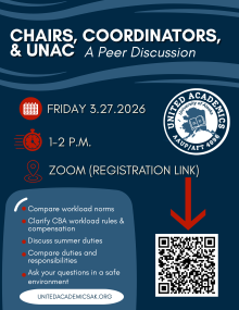 Chairs coordinators and UNAC - a peer discussion. Friday March 27 from 1-2 pm on Zoom. QR code for registration. Topics include comparing workload norms, clarifying CBA workload rules and compensation. Discuss summer duties and compare all duties and responsibilities. Ask your questions in a safe environment.